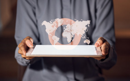 Global, network and tablet with hands of woman in office and hologram for digital, internet and connection. Database, world and search with employee and 3d globe for website, technology and futureの写真素材