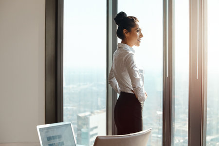 The reward for hard work. an attractive young businesswoman standing with her hands on her hips in the office.の写真素材