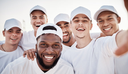 Baseball team, selfie and sport group together with a smile, happiness and teamwork outdoor. Young people, portrait and laughof sports men in uniform ready for exercise, fitness and workout trainingの写真素材