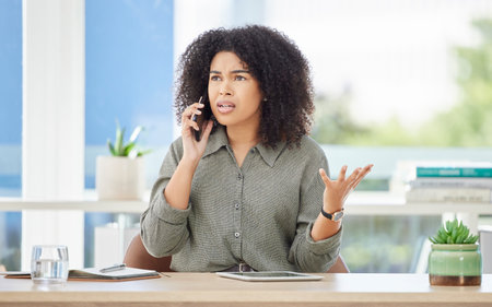 Business, phone call and black woman angry, frustrated and disappointed with project deadline, stress and schedule. Corporate, African American female employee and leader with smartphone and upsetの写真素材