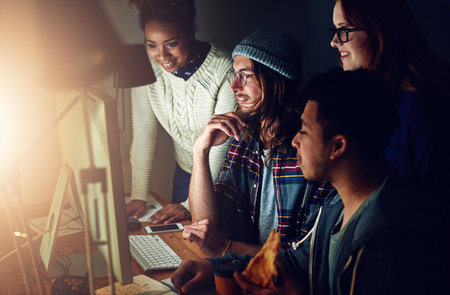 Computer, office teamwork or night team programming ERP software, cybersecurity system or programmer code. App data science, ai developer or diversity collaboration on coding cloud computing databaseの写真素材