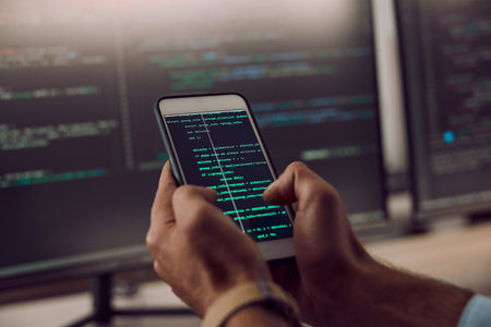 Coding, smartphone in hands and man, programmer and computer software update, information technology and code. Cybersecurity, ux and network with wifi, web design and cyber space with cpu programmingの写真素材