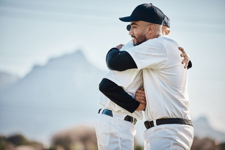 Teamwork, sports hug or baseball player in training, exercise or workout in practice match together on field. Softball, men or people hugging in competitive game with fitness or solidarity or supportの写真素材