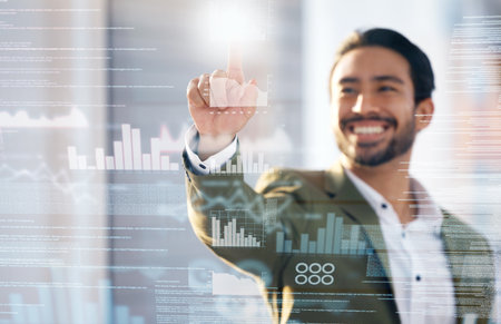 Overlay, futuristic technology or businessman with data analytics for finance, fintech and digital analysis. Chart, holographic or happy worker with financial insights on 3d screen, board or wallの写真素材