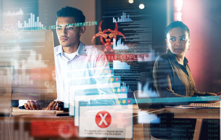 Future cybersecurity, computer cyber attack and man with bank credit breach, malware problem or...
