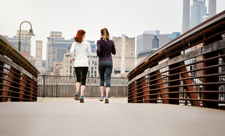 Running mates. Rearview shot of two unrecognizable young women running through the city.の写真素材