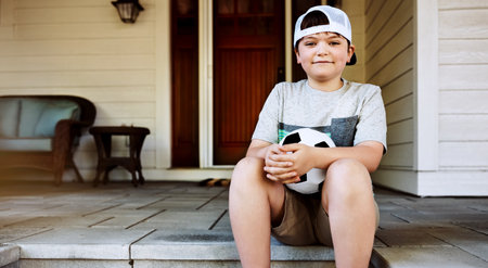 Soccer is my favorite sport. a little boy sitting on the porch with his soccer ball.の写真素材