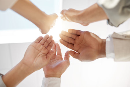 Business people, hands and high five for collaboration, meeting or teamwork together at the office....