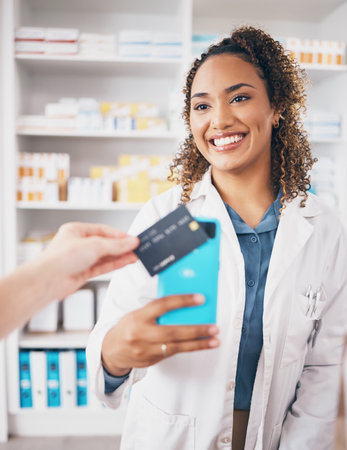 Woman, pharmacy and credit card payment with phone, shopping or fintech for healthcare deal at store. Pharmacist, digital customer experience or ecommerce for medical product at shop with pos machineの写真素材