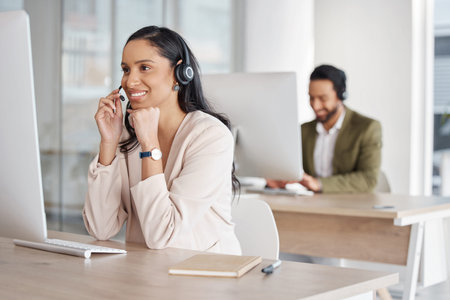 Call center, team and woman consulting for crm, telemarketing and customer service with a smile....