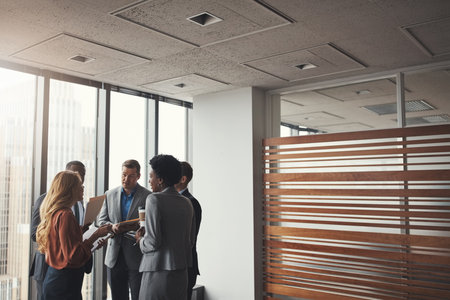 Meet. Plan. Succeed. High angle shot of a group of corporate businesspeople meeting in their boardroom.の写真素材