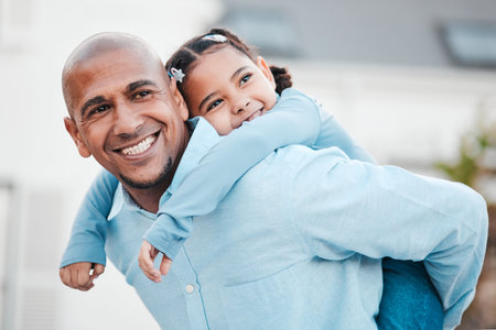 Family, piggy back and father carry girl in home garden for bonding, quality time and playing...