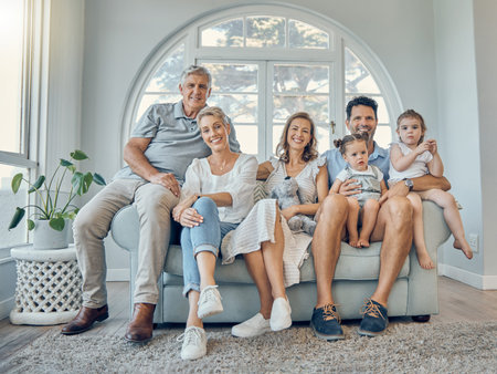 Big family, portrait and generations relax together on couch in living room at home. Happy...