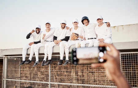 Men, friends or selfie on baseball field, sports or games stadium arena in bonding fitness, workout or training success. Smile, happy or softball players in teamwork photography for fun social mediaの写真素材