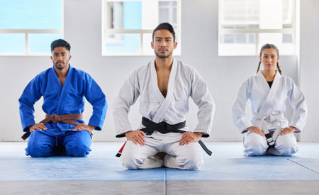 Portrait, training and karate group with coach in dojo ready for exercise or workout. Taekwondo,...