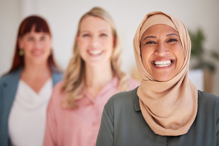 Portrait, diversity and women with smile, leadership and confident together, happy and relax. Business females, ladies and multiracial teamwork, happiness or support for commitment, growth and joy.の写真素材