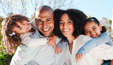 Family, children and parents portrait outdoor with love and care for piggyback or play a game for...