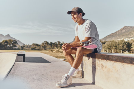 Skateboard, fitness and recreation with a sports man sitting on a wall at a skatepark during the day. Exercise, training and skating with a male athlete or skater having fun outdoor in summerの写真素材