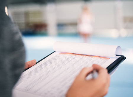 Hand, documents and assessment in a gym with a coach watching a performance in preparation of competition. Paper, checklist and personal trainer in a sports center for fitness, planning or reviewの写真素材