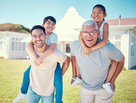 Family, father and grandfather piggyback children in portrait, love and relationship with generations, bonding and care. Laughing, happiness and fun together with men and kids outdoor with childhoodの写真素材