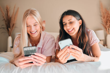 Teen friends, smartphone and girl on bed, relax and smile on face, social media scroll and happiness...