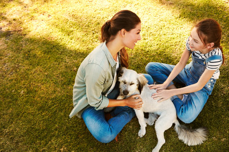 Their best friend beyond just their pet. a mother and her daughter playing with their dog at the park.の写真素材