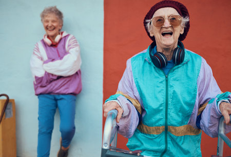 Hipster, senior women and friends smile, retro look and headphones for casual day, happy and trendy. Portrait, elderly females and mature ladies with cool edgy look, hip hop and funky retro outfits.の写真素材