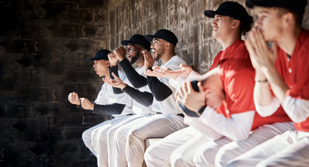 Happy baseball winner, sport or team in celebration of fun game victory, competition success or goals together. Winning homerun, sad loss or softball players excited for teamwork in dugout by losersの写真素材