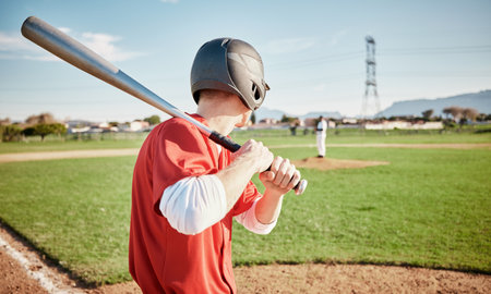 Baseball, bat and field with a sports man outdoor, playing a competitive game during summer. Fitness, health and exercise with a male athlete or player training on a pitch for sport or recreationの写真素材