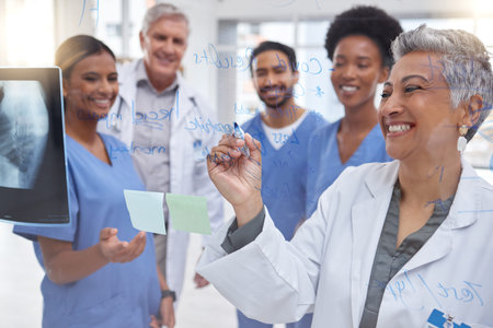 Medical research, planning x ray or doctors writing on glass board, strategy working in hospital for...