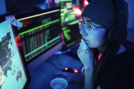 Woman, computer and hacker thinking with headphones and programming for cybersecurity. Music, radio...