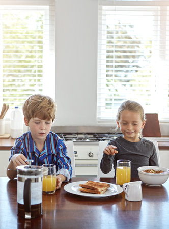 Theyre so adorable. two siblings having breakfast together at home.の写真素材