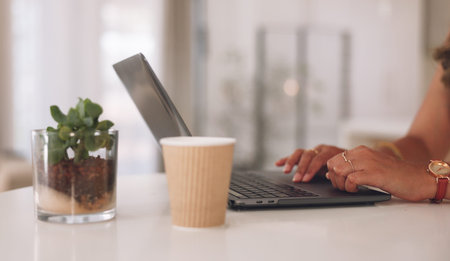 Business woman, hands or laptop typing in home office on email, internet planning or startup...