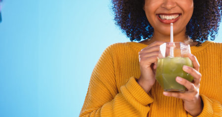 Health juice, black woman and healthy green smoothie of a person drinking weight loss drink. Mockup,...