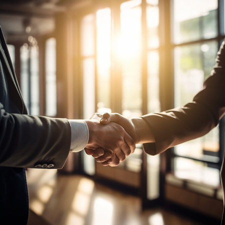 Business people, handshake and partnership for b2b, deal or agreement in corporate growth at office. Employees shaking hands in collaboration, teamwork or welcome for hiring, recruitment or meetingの写真素材