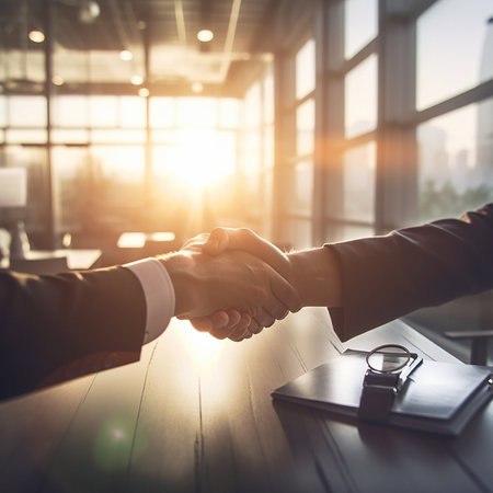 Business people, shaking hands and partnership at night in corporate meeting for b2b, deal or agreement at office. Employees handshake working late in collaboration, team hiring and recruitmentの写真素材