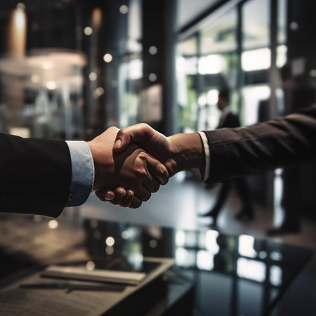 Business people, handshake and partnership in corporate meeting for b2b, deal or agreement at office. Employees shaking hands in collaboration, teamwork or welcome for introduction or team greetingの写真素材