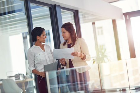 Working on a plan together. businesswomen talking over some paperwork in an office.の写真素材