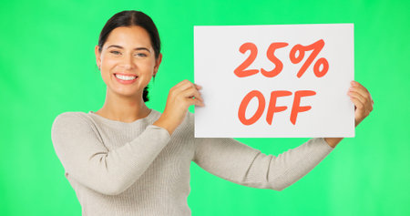 Woman, face and promotion sign on green screen, smile and advertising with poster, store sale and...