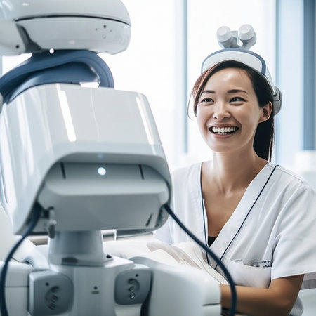 Asian doctor, robot and hospital for future of healthcare with progress, smile and technology for ai machine. Woman, happy medic or robotic assistant in clinic for medical automation with innovationの写真素材