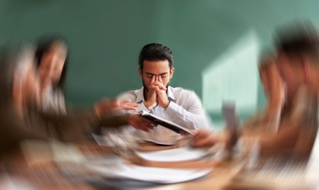 Stress, migraine and motion blur with a business man in a meeting feeling frustrated, tired or overworked. Mental health, anxiety and headache with an exhausted male employee suffering from fatigueの写真素材