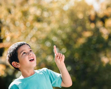 Boy child, pointing and outdoor with space for mockup in nature, garden or backyard with wow,...