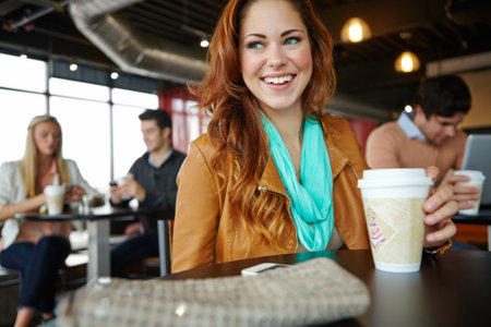 Enjoying a good cup of coffee. A beautiful young woman sitting in a coffee shop and enjoying some coffee.の写真素材