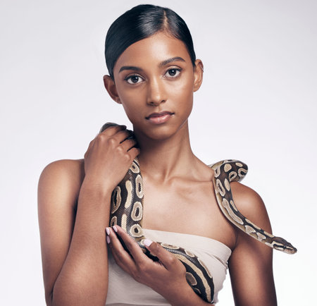 Beauty, portrait and woman in studio with snake on neck for art aesthetic with exotic zoo animal on...