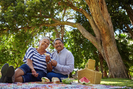 True love is always worth it. a loving senior couple enjoying a leisurely picnic in the park.の写真素材