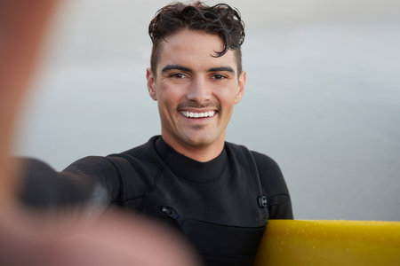 Surfer, man and beach selfie with smile for waves, wellness and sports training in summer for social...