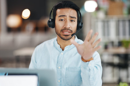 Customer support, video conference portrait and man talking on telemarketing communication, contact...