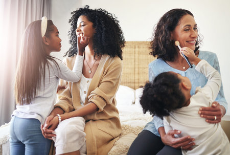 Family, grandmother and mom with girls, makeup and in bedroom with smile, playful and quality time....