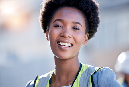 Portrait of engineering black woman or construction worker with career mindset, leadership and...