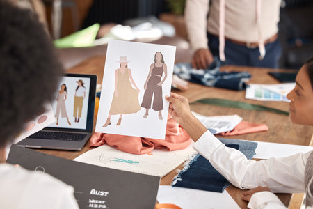 Fashion, design and sketch, team at workshop with ideas for color and textures for clothes. Creative luxury designer boutique brand, teamwork and planning, people brainstorming creativity in office.の写真素材